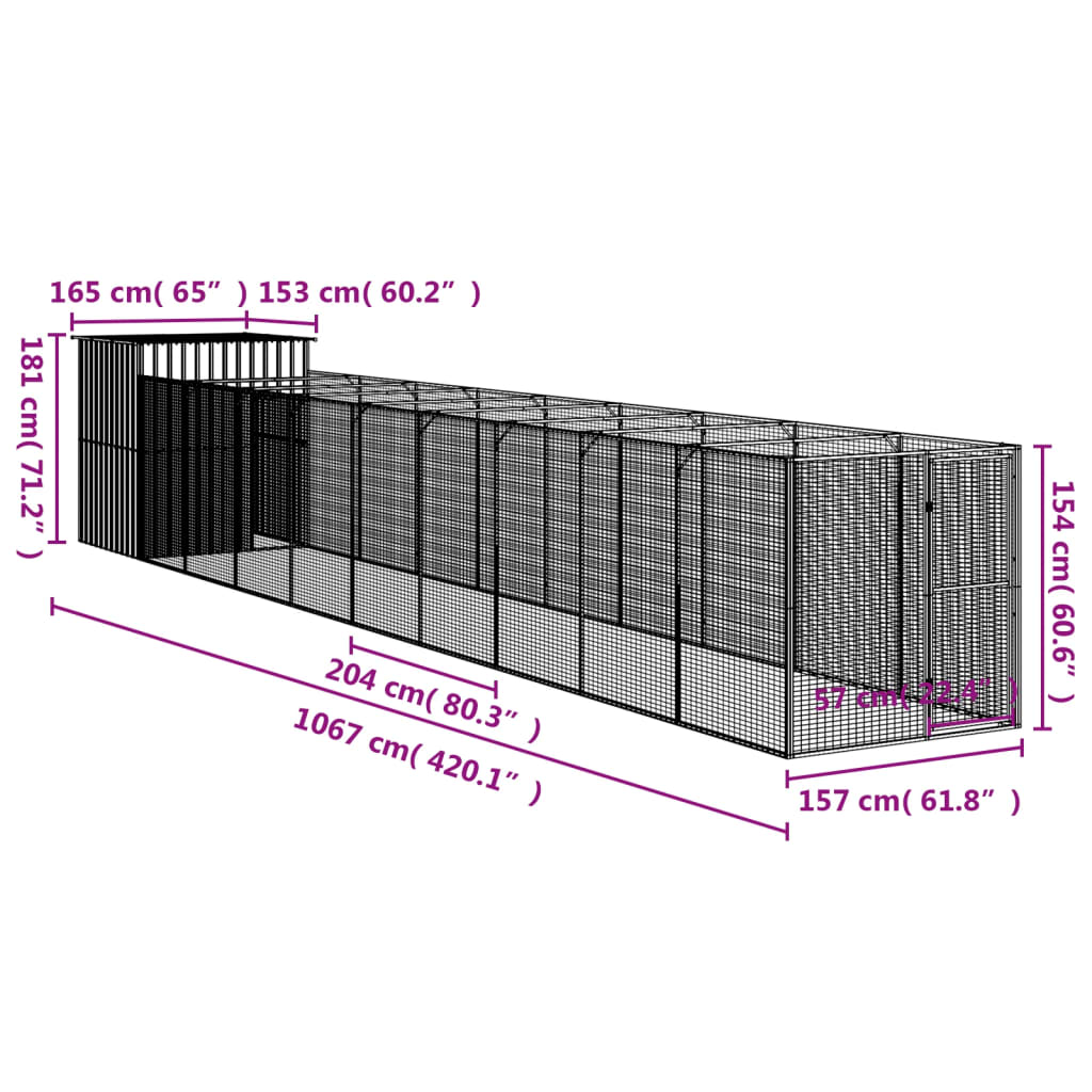 vidaXL Hundkoja med gård antracit 165x1067x181 cm galvaniserat stål