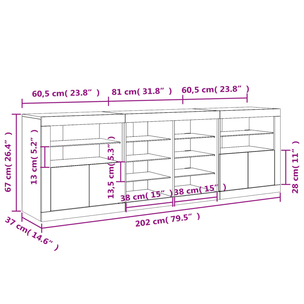 vidaXL Skänk med LED-belysning vit 202x37x67 cm