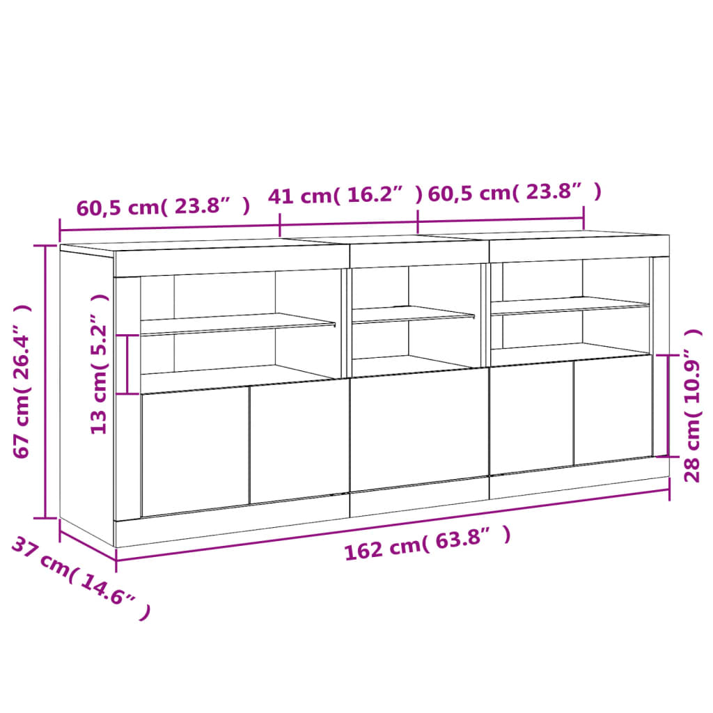 vidaXL Skänk med LED-belysning vit 162x37x67 cm