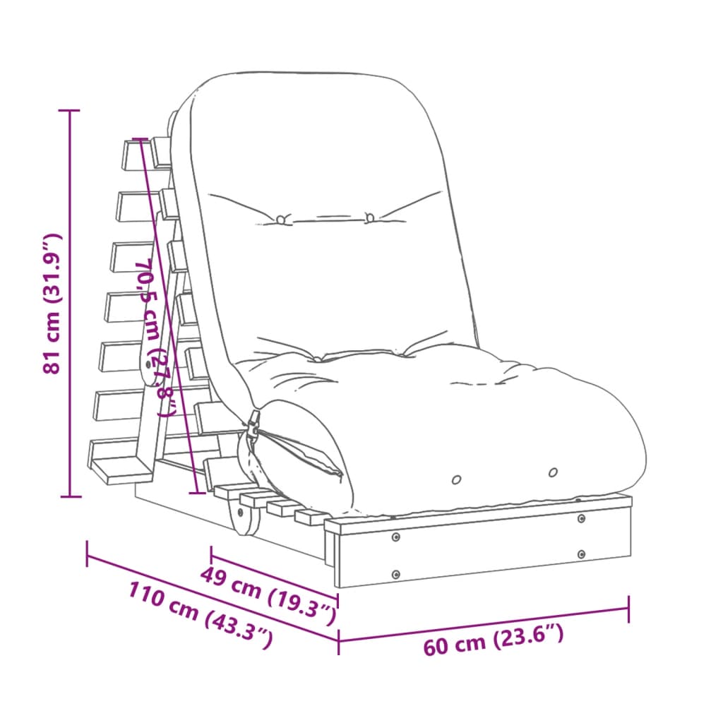 vidaXL Futonbäddsoffa med madrass vaxad brun 60x206x11 cm massiv furu