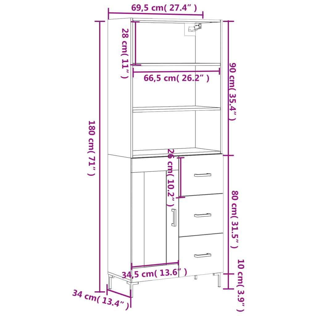 vidaXL Högskåp vit 69,5x34x180 cm konstruerat trä