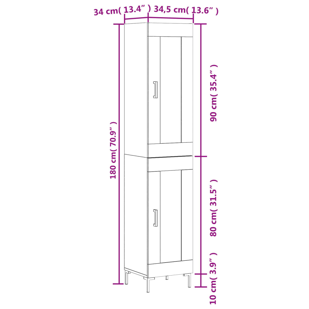 vidaXL Högskåp vit 34,5x34x180 cm konstruerat trä