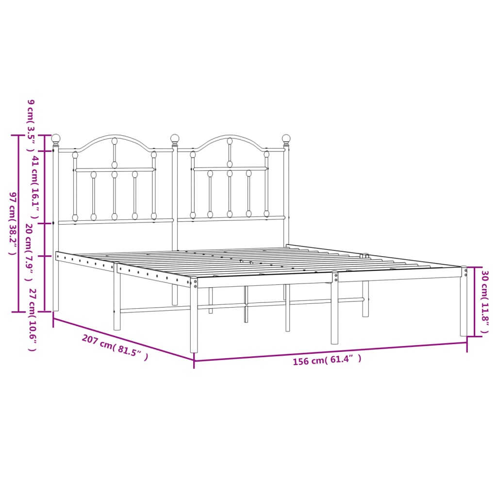 vidaXL Sängram med huvudgavel metall vit 150x200 cm