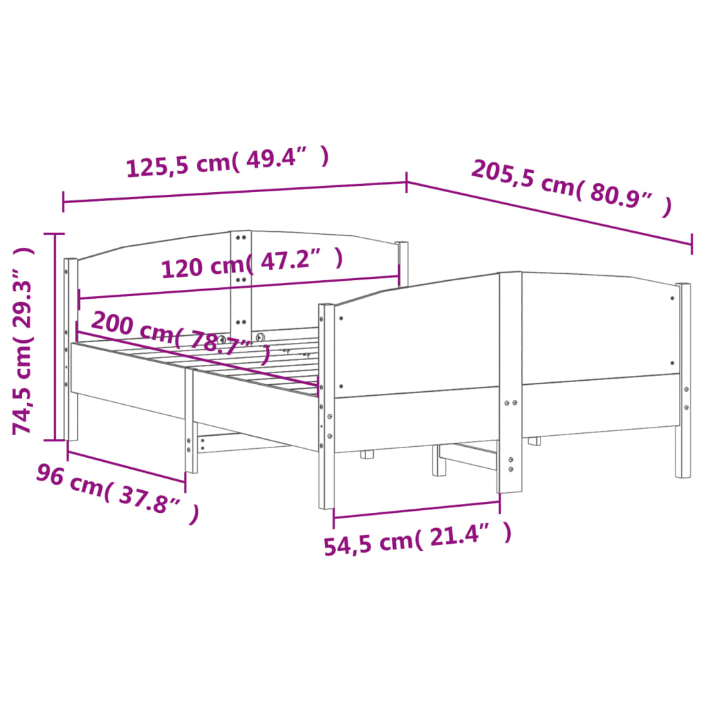 vidaXL Sängram utan madrass vit 120x200 cm massiv furu