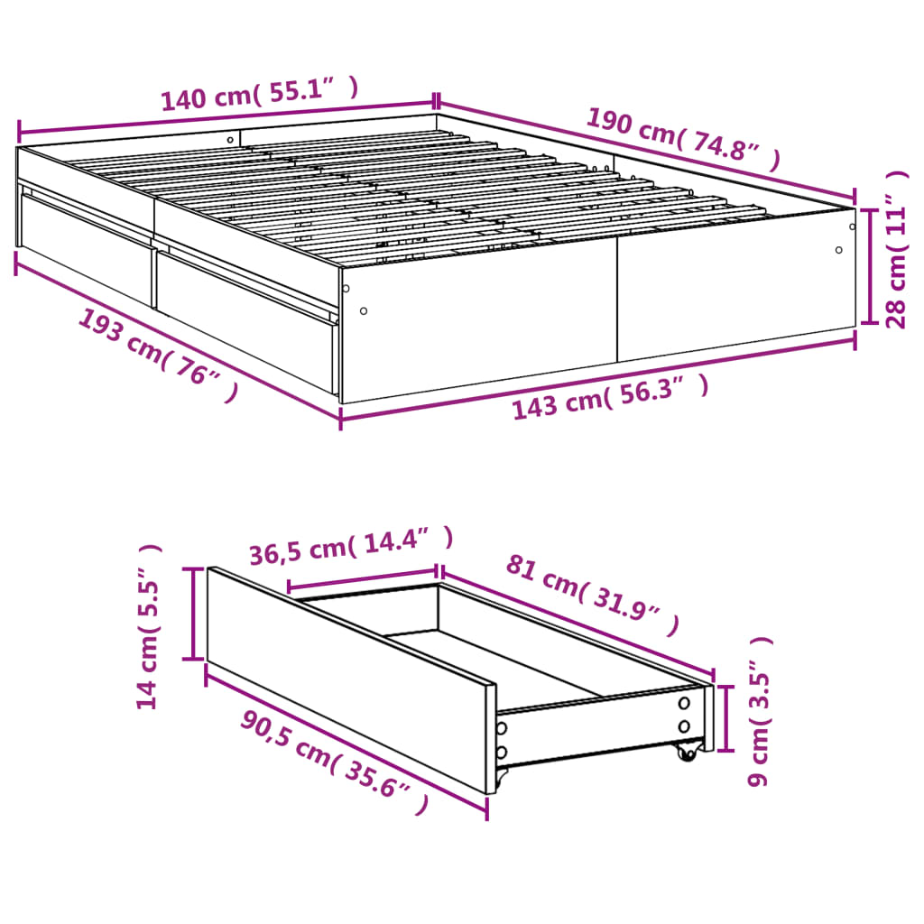 vidaXL Sängram med lådor rökfärgad ek 140x190 cm konstruerad trä