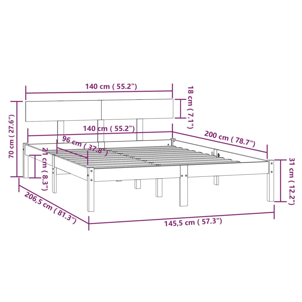 vidaXL Sängram utan madrass massivt trä 140x200cm