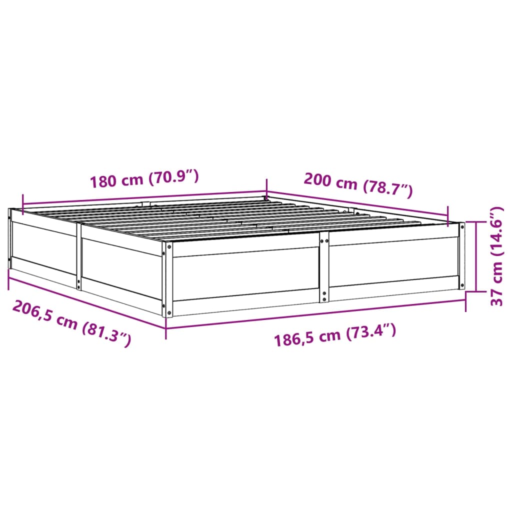 vidaXL Sängram utan madrass vaxbrun 180x200 cm massiv furu