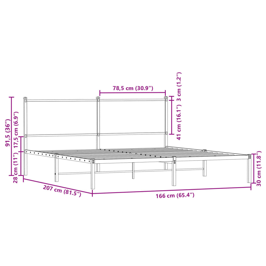 vidaXL Sängram utan madrass metall rökfärgad ek 160x200 cm