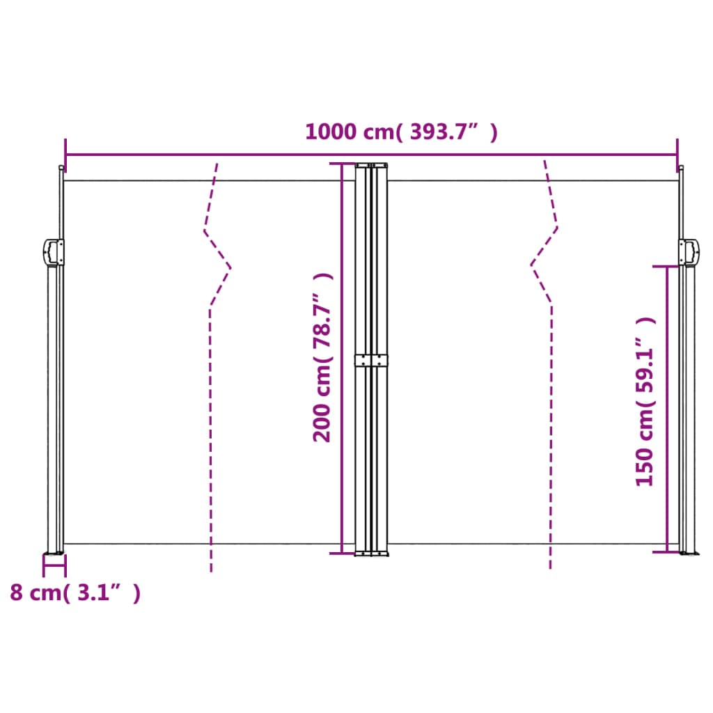 vidaXL Infällbar sidomarkis svart 200x1000 cm