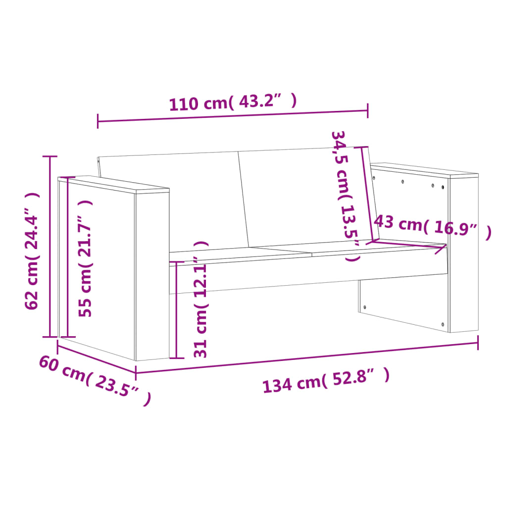 vidaXL Trädgårdssoffa 2-sits 134x60x62 cm massivt douglasträ