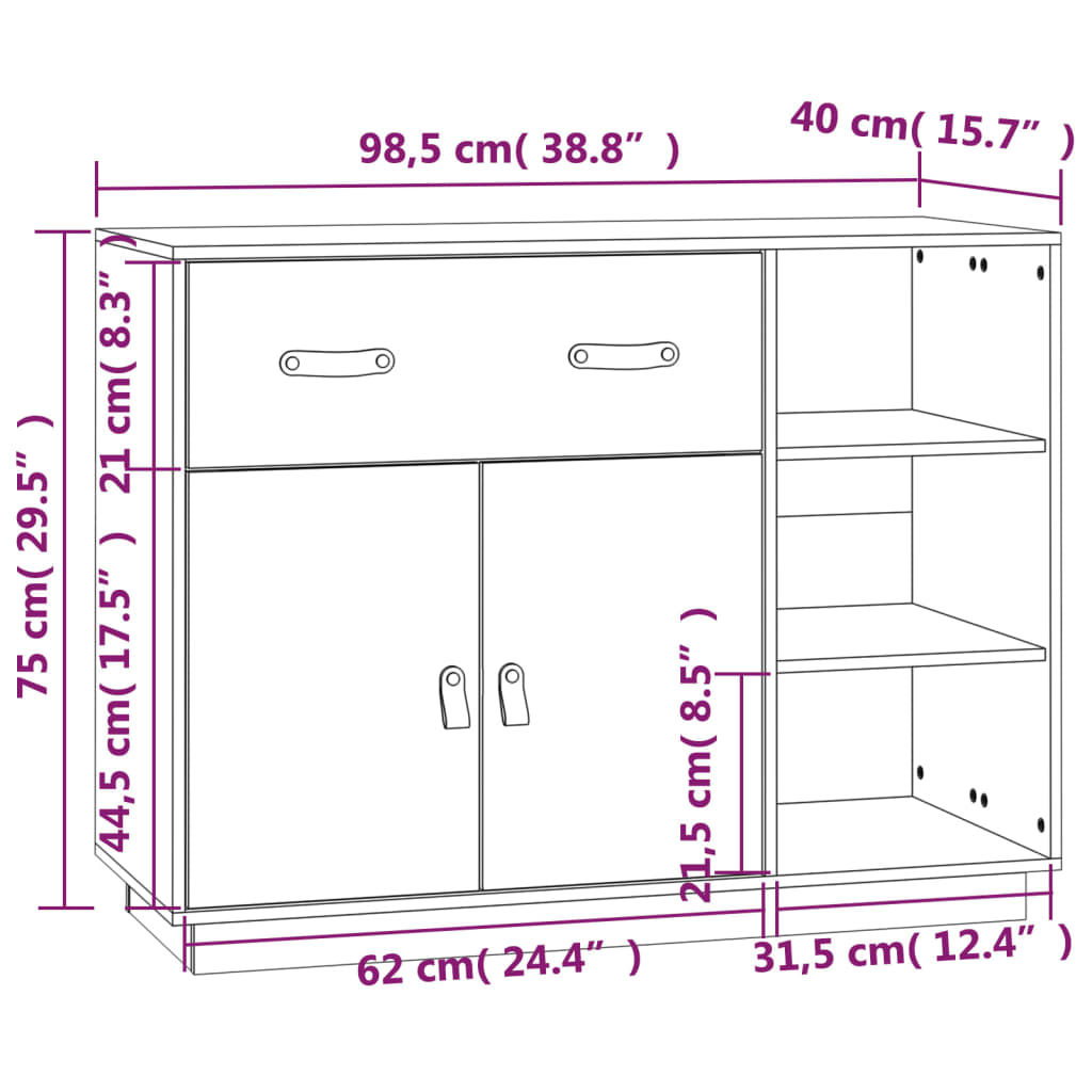 vidaXL Skänk vit 98,5x40x75 cm massiv furu