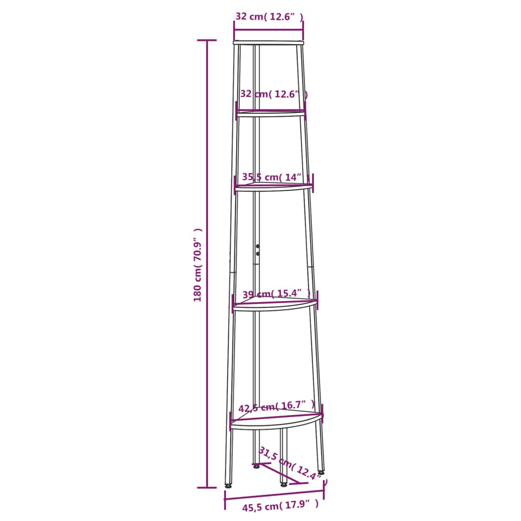 vidaXL Hörnhylla 5 hyllplan svart 45,5x31,5x180 cm