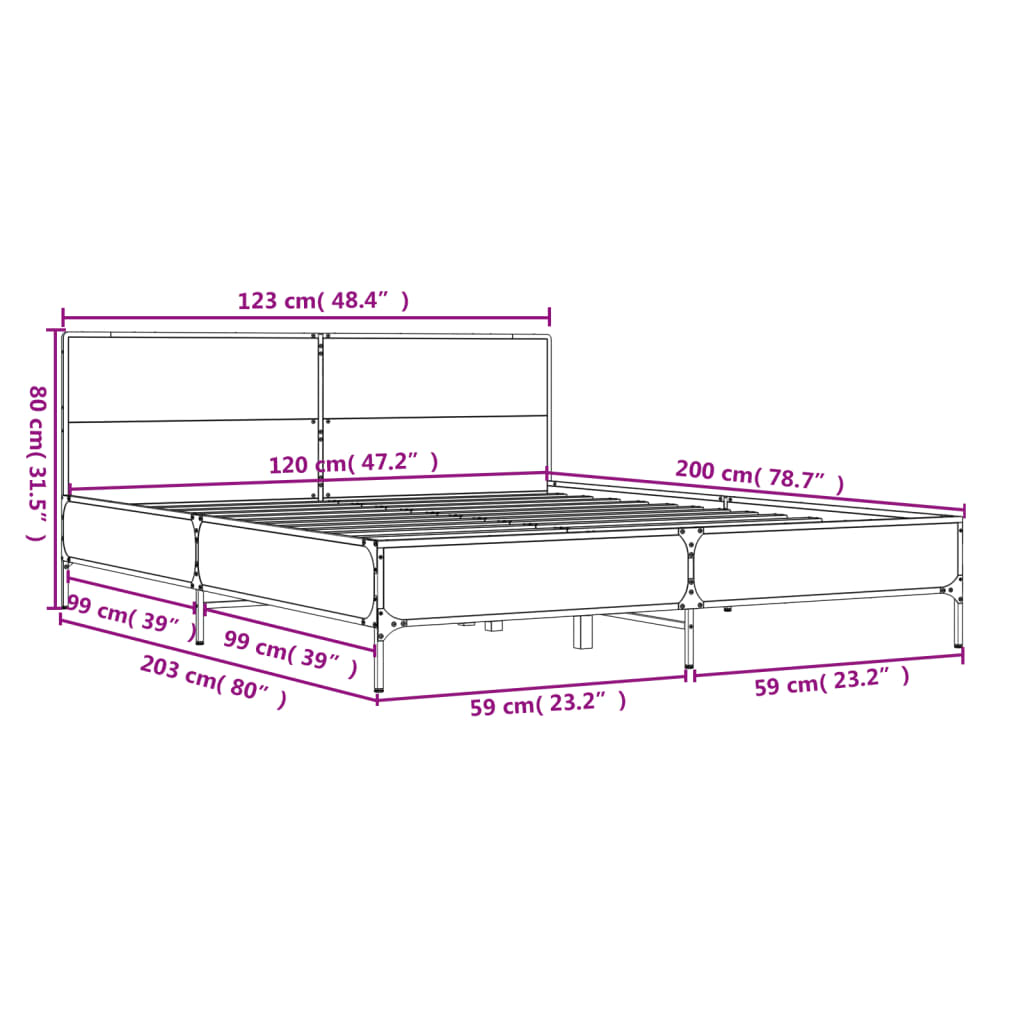 vidaXL Sängram brun ek 120x200 cm konstruerat trä och metall