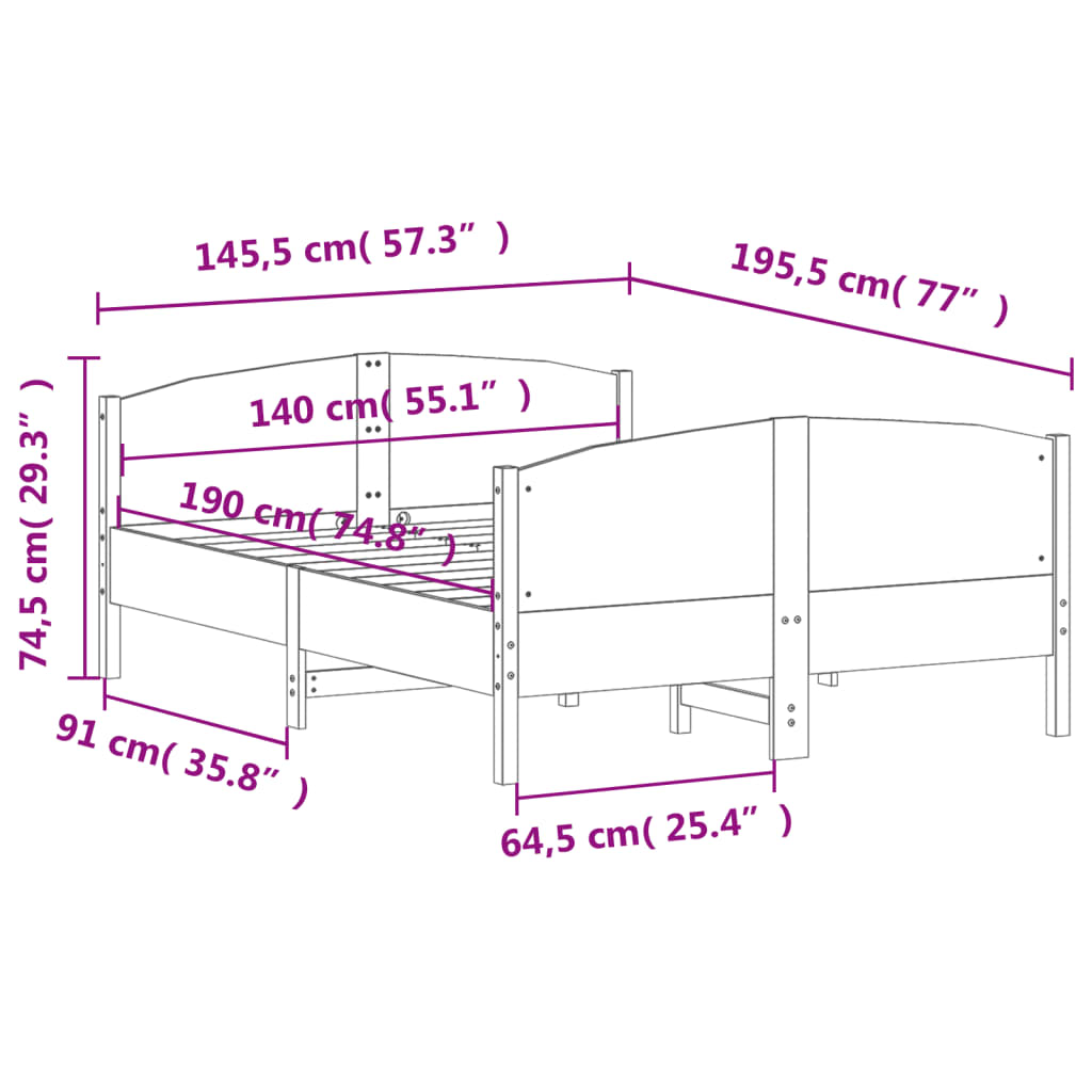 vidaXL Sängram utan madrass 140x190 cm massiv furu