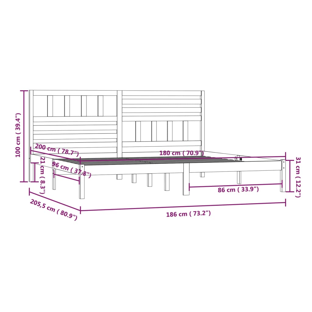 vidaXL Sängram utan madrass 180x200 cm massiv furu