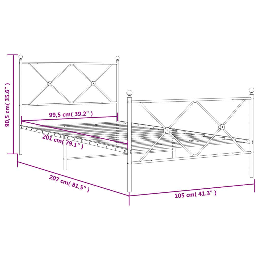 vidaXL Sängram med huvudgavel och fotgavel vit metall 100x200 cm