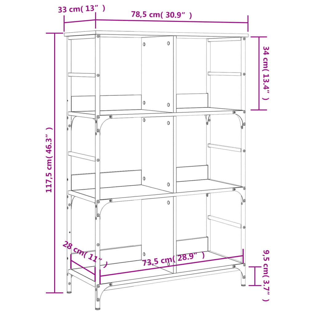 vidaXL Bokhylla sonoma-ek 78,5x33x117,5 cm konstruerat trä