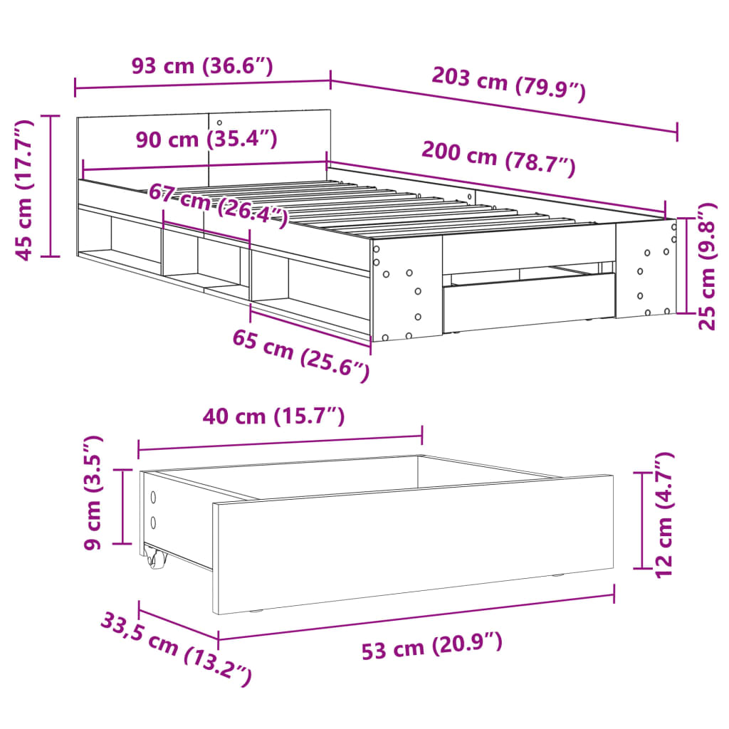 vidaXL Sängram med låda sonoma-ek 90x200 cm konstruerat trä