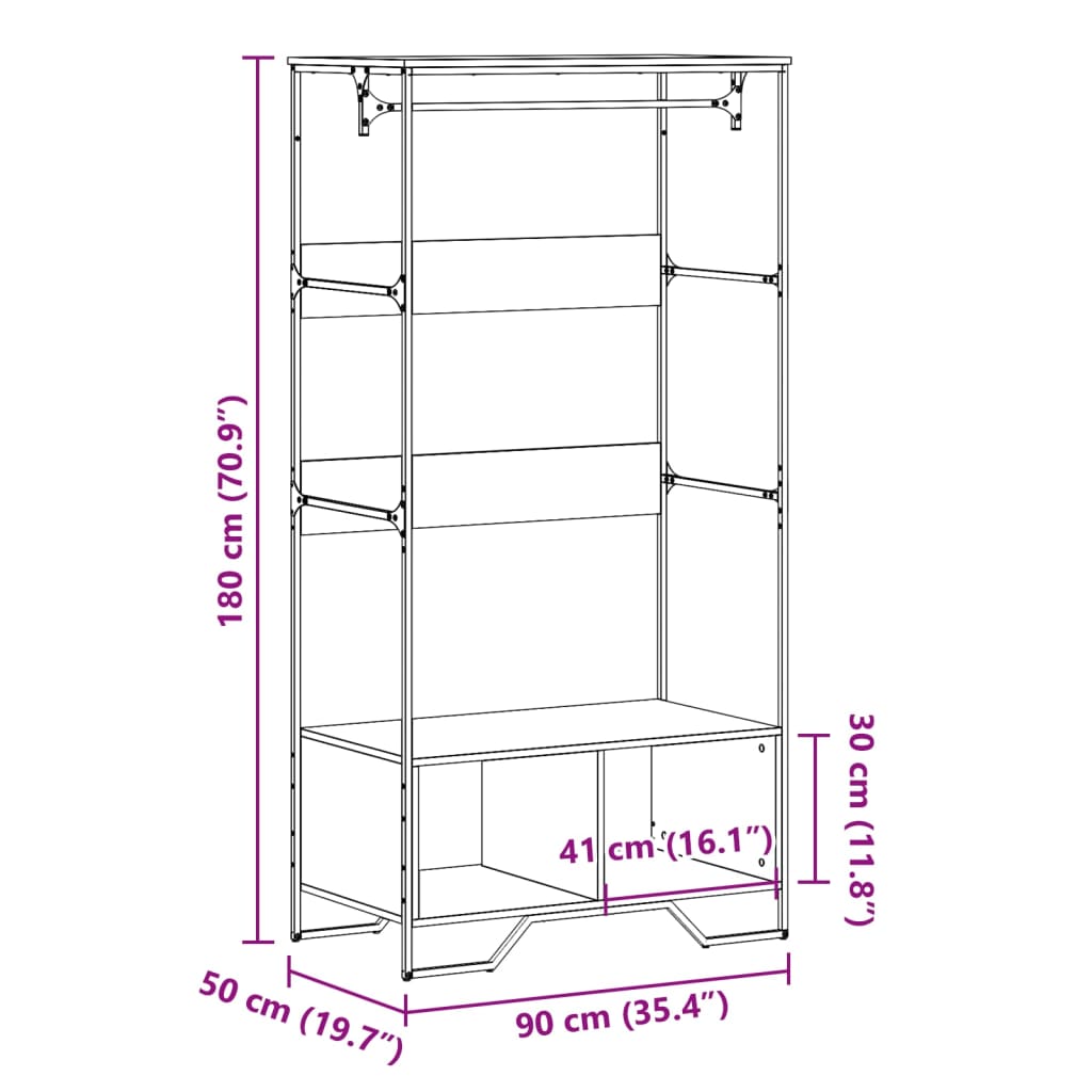 vidaXL Garderob sonoma-ek 90x50x180 cm konstruerat trä