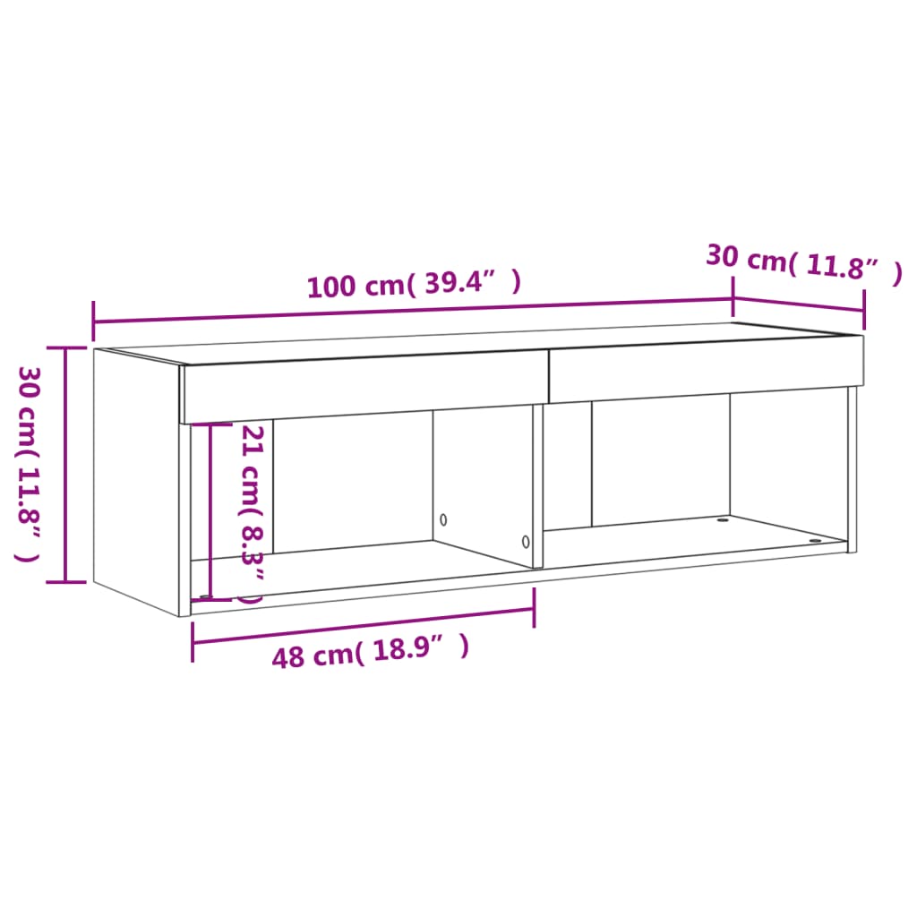 vidaXL Tv-bänk med LED-belysning rökfärgad ek 100x30x30 cm