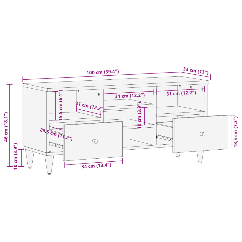 vidaXL Tv-bänk 100x33x46 cm massivt mangoträ