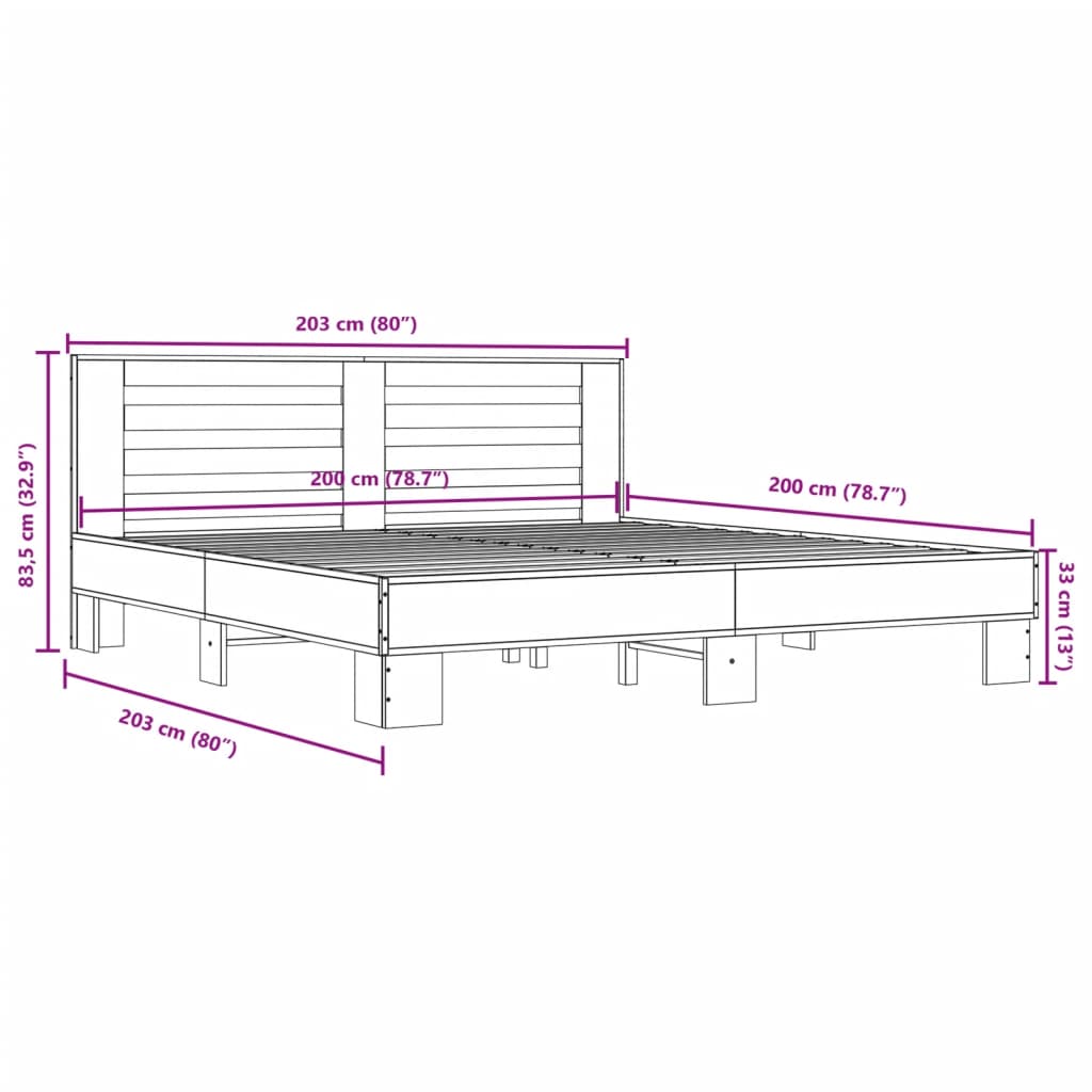 vidaXL Sängram grå sonoma 200x200 cm konstruerat trä och metall