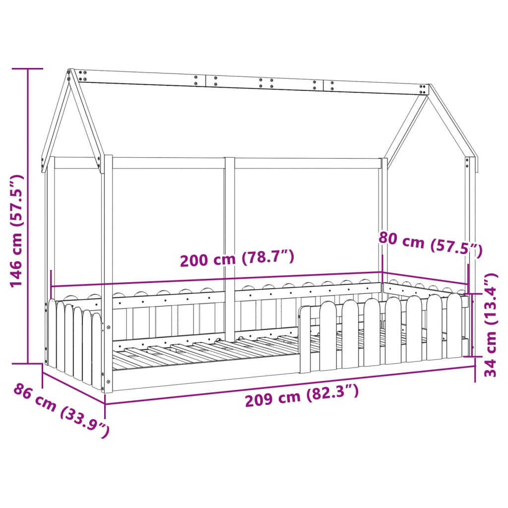 vidaXL Barnsäng med husram vit 80x200 cm massiv furu