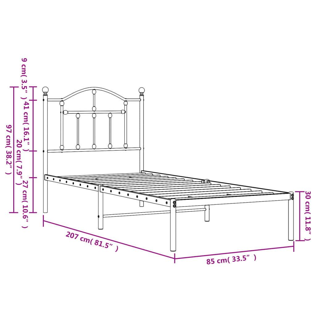 vidaXL Sängram med huvudgavel metall vit 80x200 cm