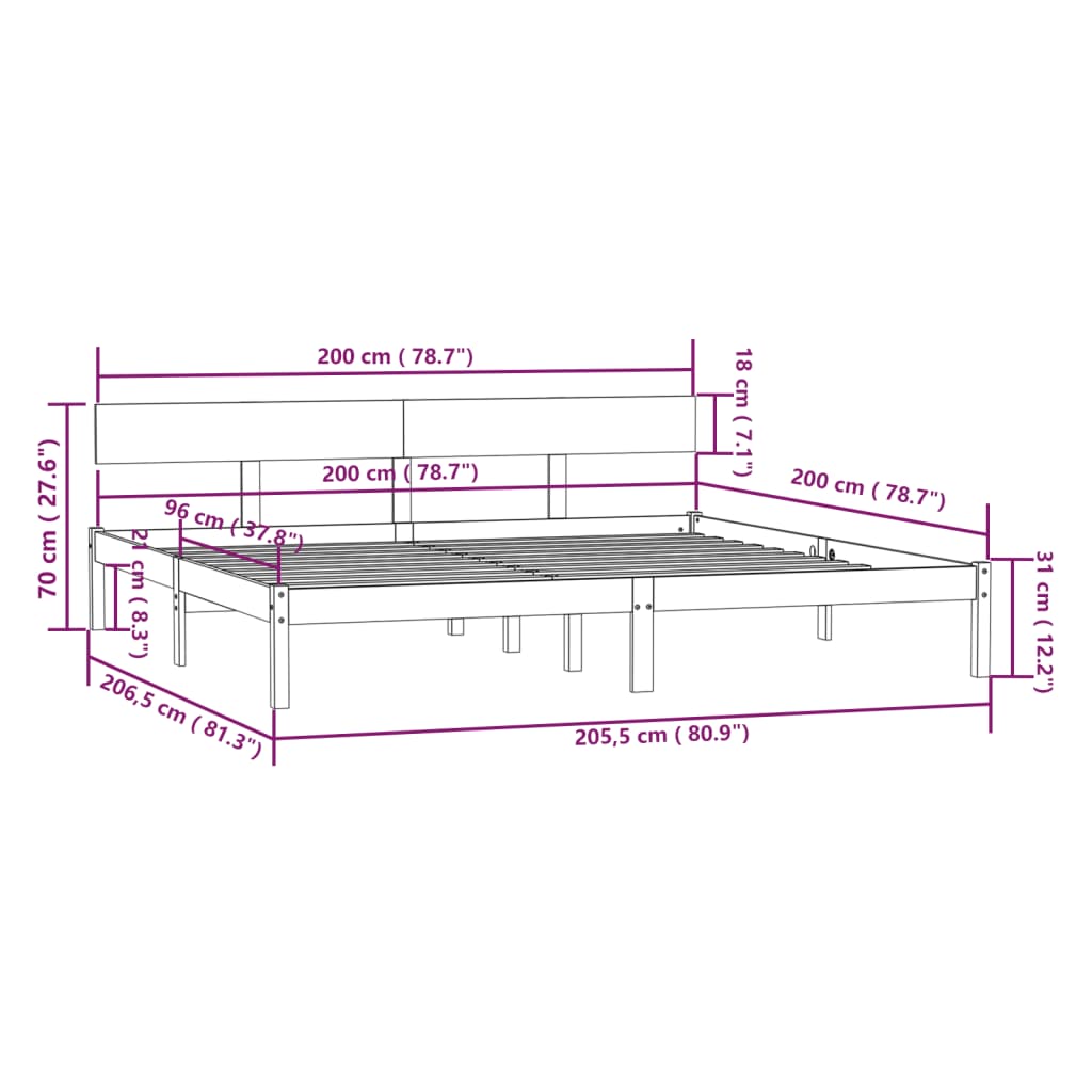 vidaXL Sängram utan madrass massivt trä 200x200cm