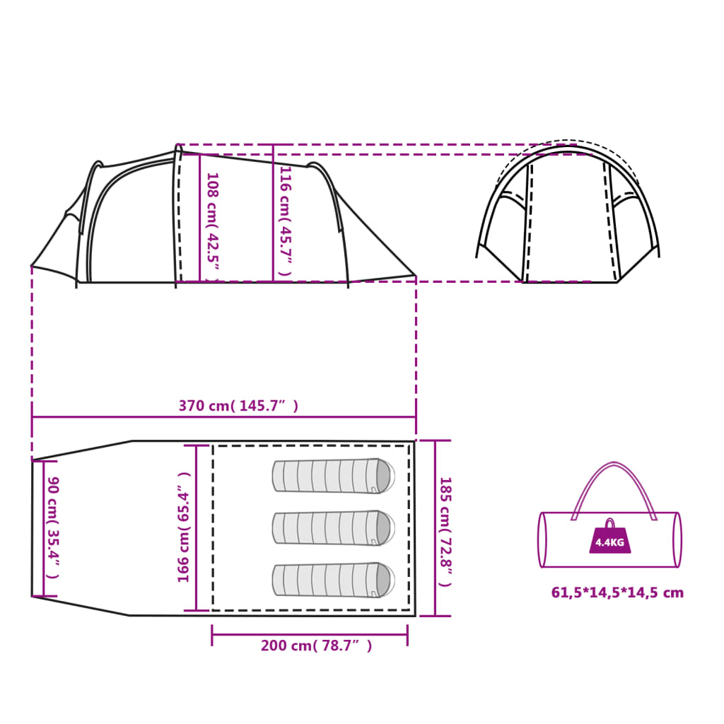 vidaXL Campingtält tunnel 3 personer orange vattentätt