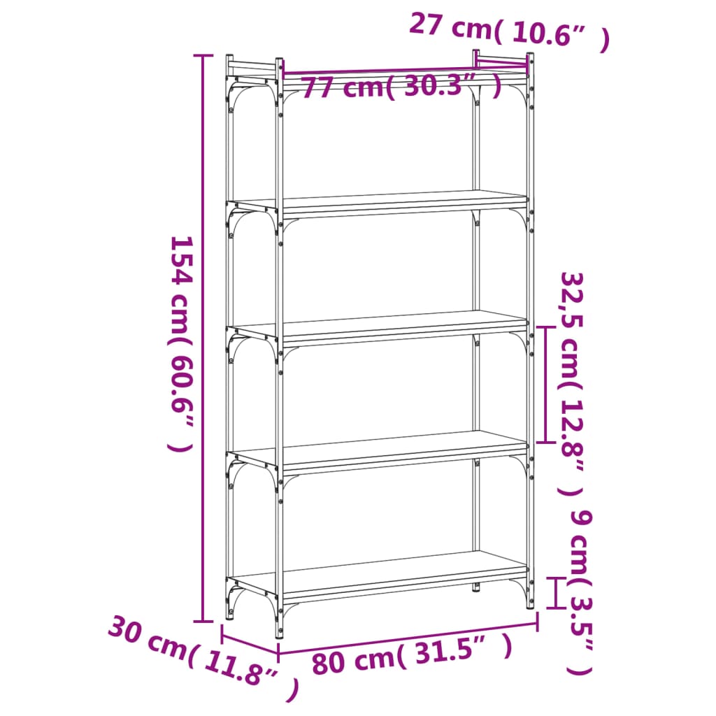 vidaXL Bokhylla 5 hyllplan brun ek 80x30x154 cm konstruerat trä