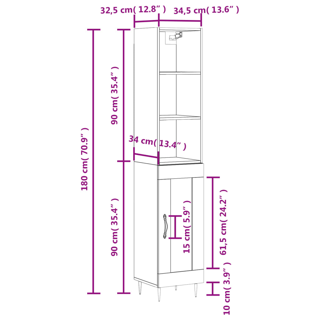 vidaXL Högskåp betonggrå 34,5x34x180 cm konstruerat trä