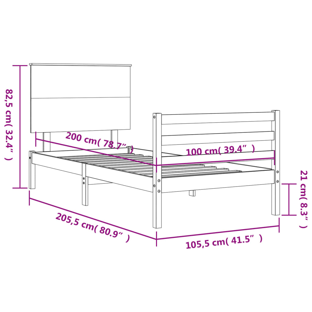 vidaXL Sängram med huvudgavel vit 100x200 cm massivt trä