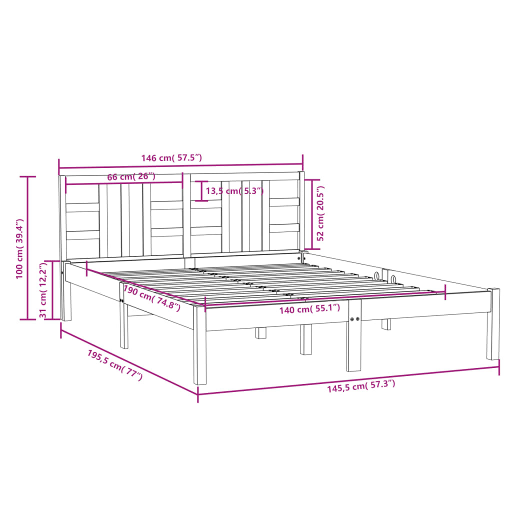 vidaXL Sängram massivt trä 140x190 cm