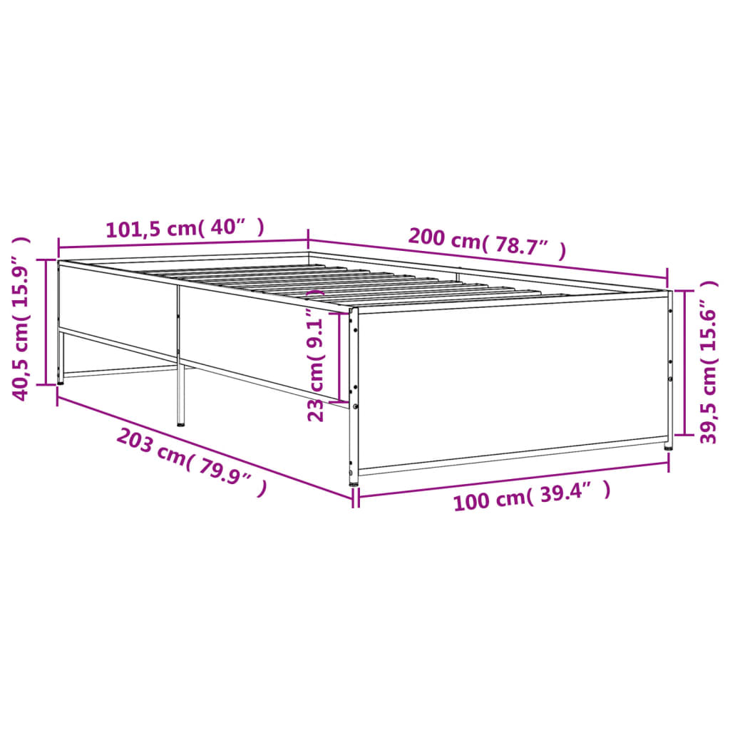 vidaXL Sängram rökfärgad ek 100x200 cm konstruerat trä och metall