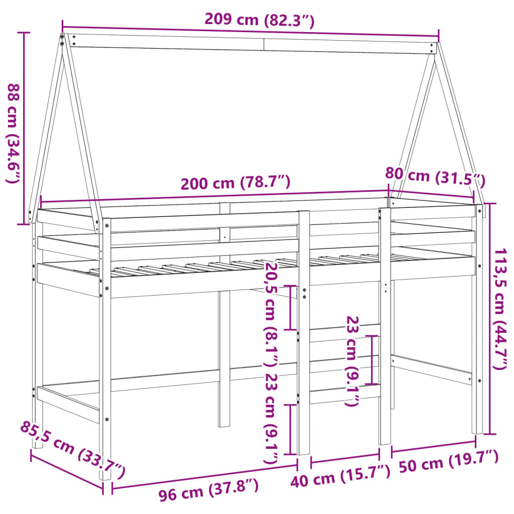 vidaXL Våningssäng med stege och tak 80x200 cm massiv furu