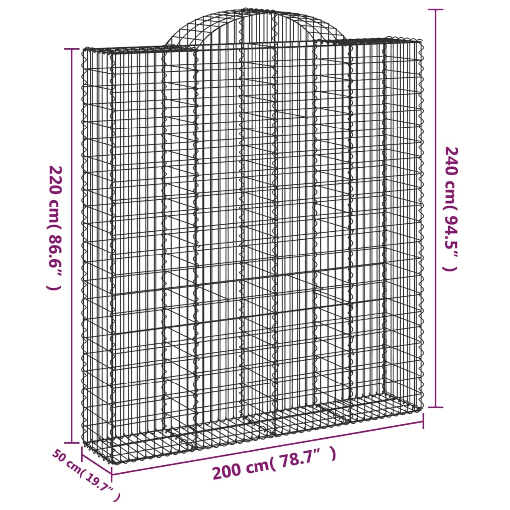 vidaXL Gabioner bågformade 5 st 200x50x220/240 cm galvaniserat järn