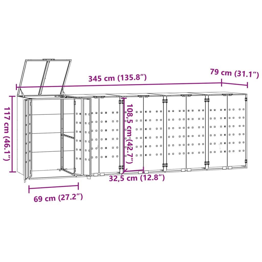 vidaXL Skjul för sopkärl för 5 platser svart 345x79x117 cm stål