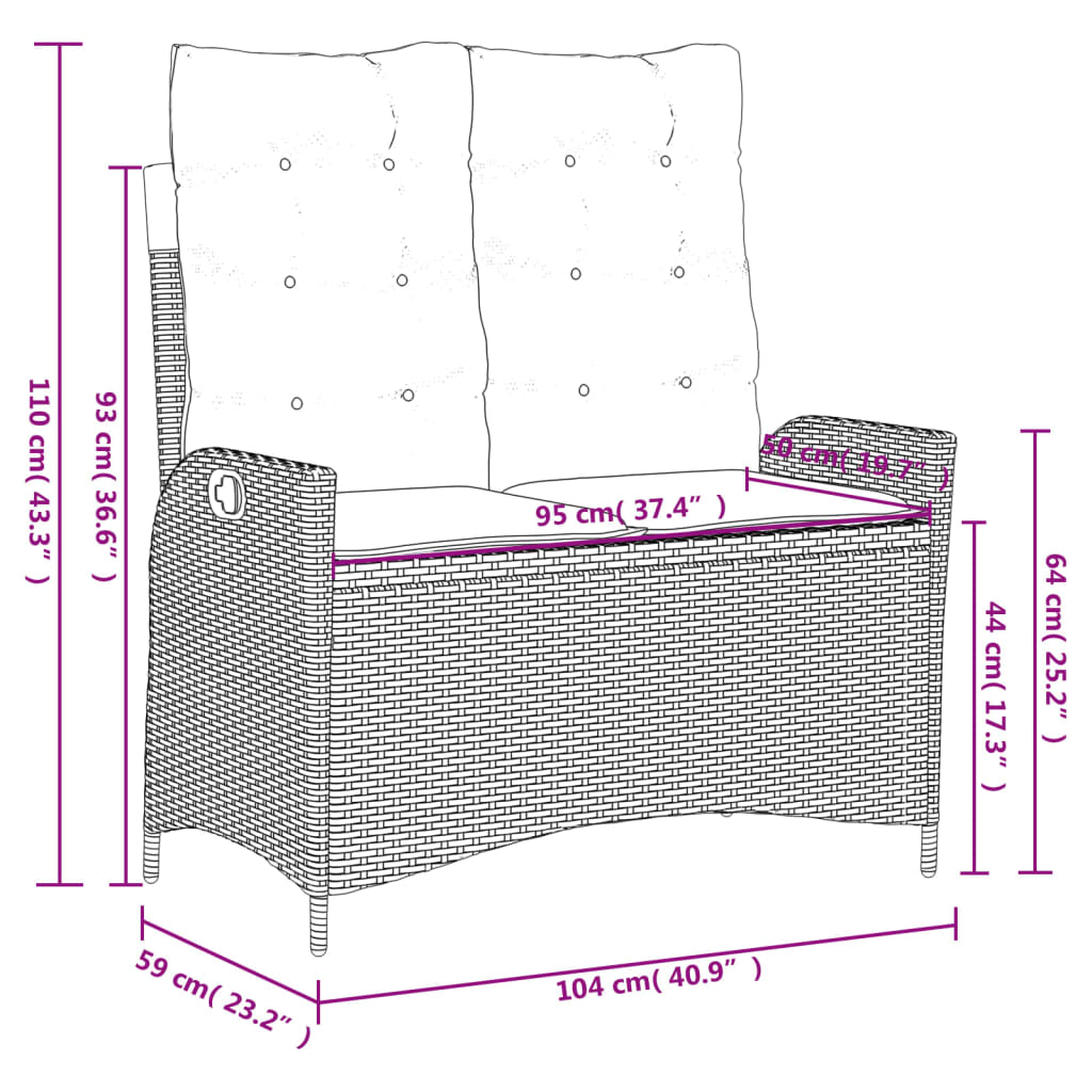 vidaXL Justerbar trädgårdsbänk med dynor beige konstrotting