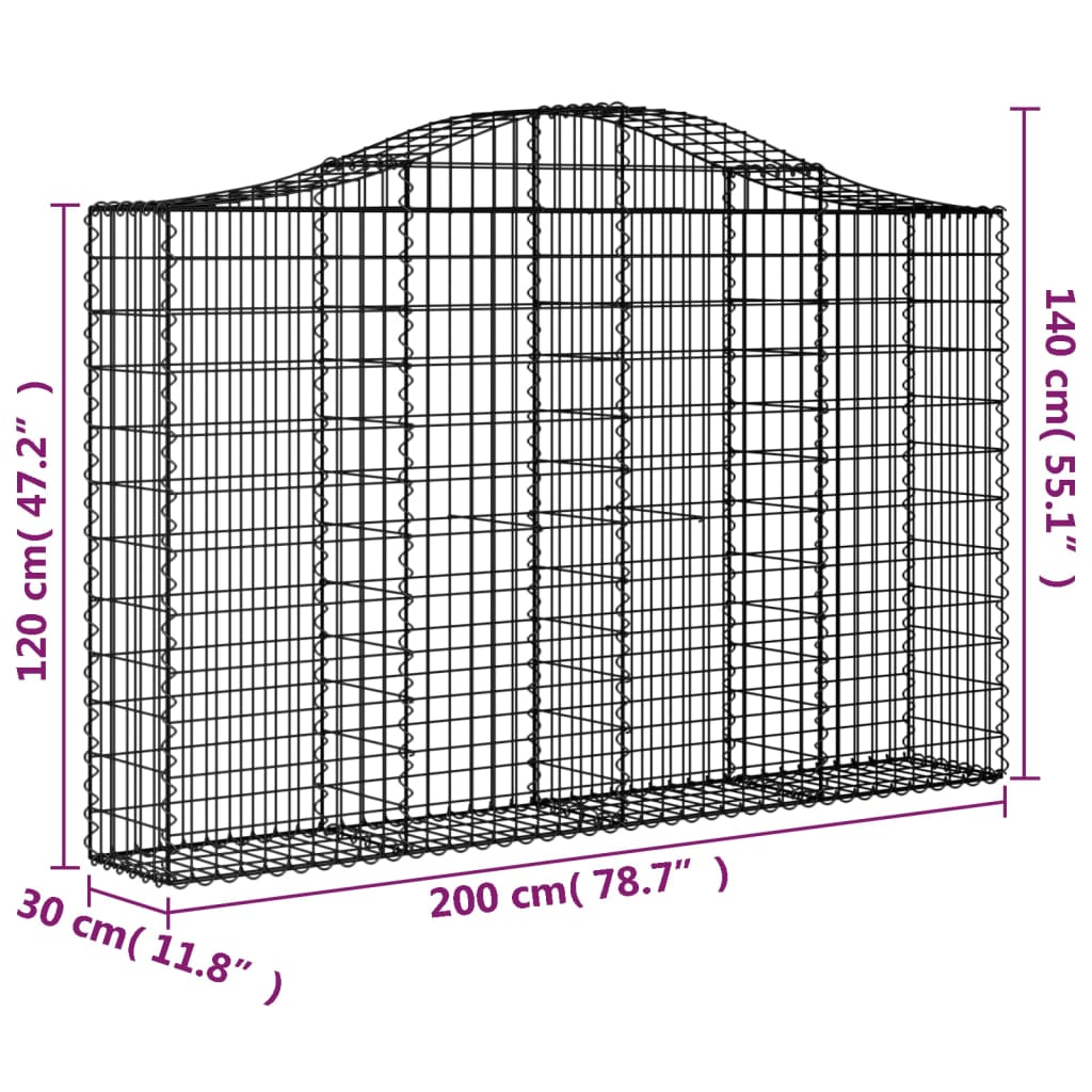 vidaXL Gabioner bågformade 8 st 200x30x120/140 cm galvaniserat järn