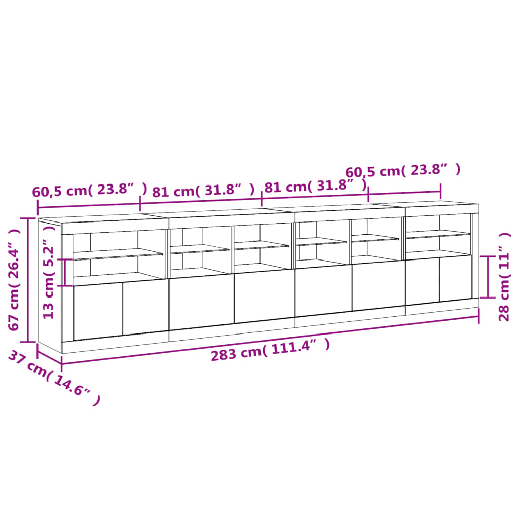 vidaXL Skänk med LED-belysning vit 283x37x67 cm