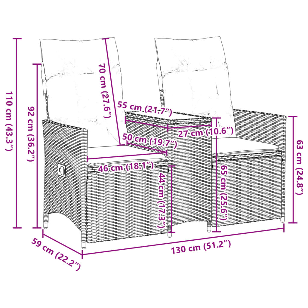 vidaXL Trädgårdssoffa fällbar 2-sits med bord beige konstrotting