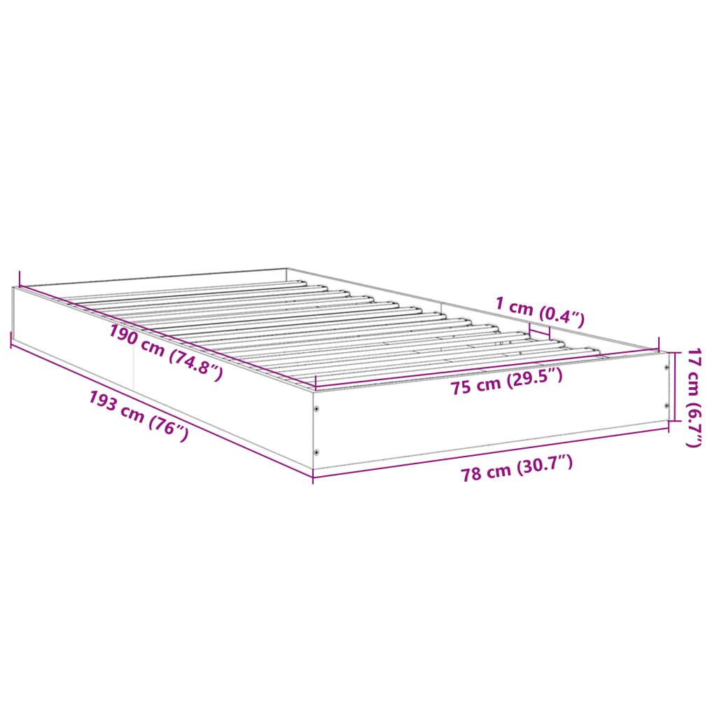 vidaXL Sängram utan madrass rökfärgad ek 75x190 cm konstruerad trä