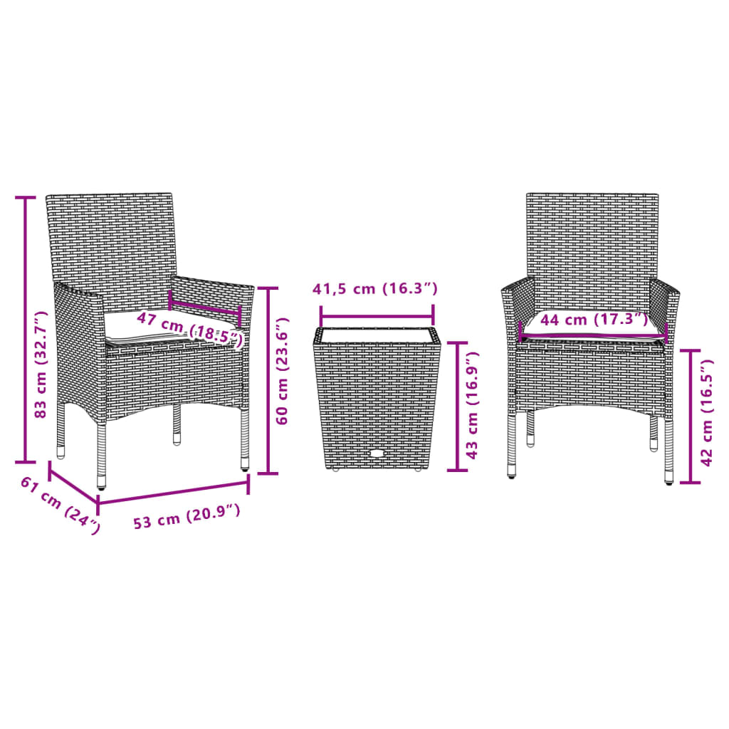 vidaXL Bistrogrupp med dynor 3 delar beige konstrotting och glas