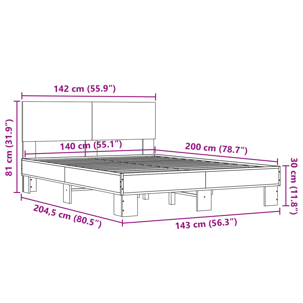 vidaXL Sängram brun ek 140x200 cm konstruerad trä och metall