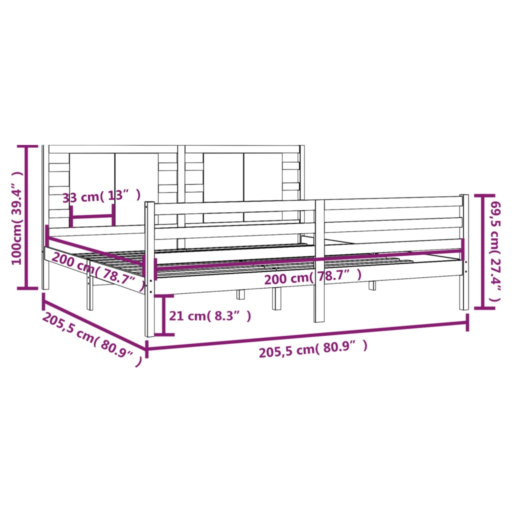 vidaXL Sängram svart massiv furu 200x200 cm