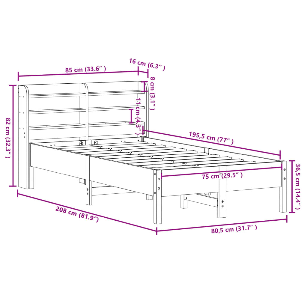 vidaXL Sängram utan madrass vit 75x190 cm massiv furu