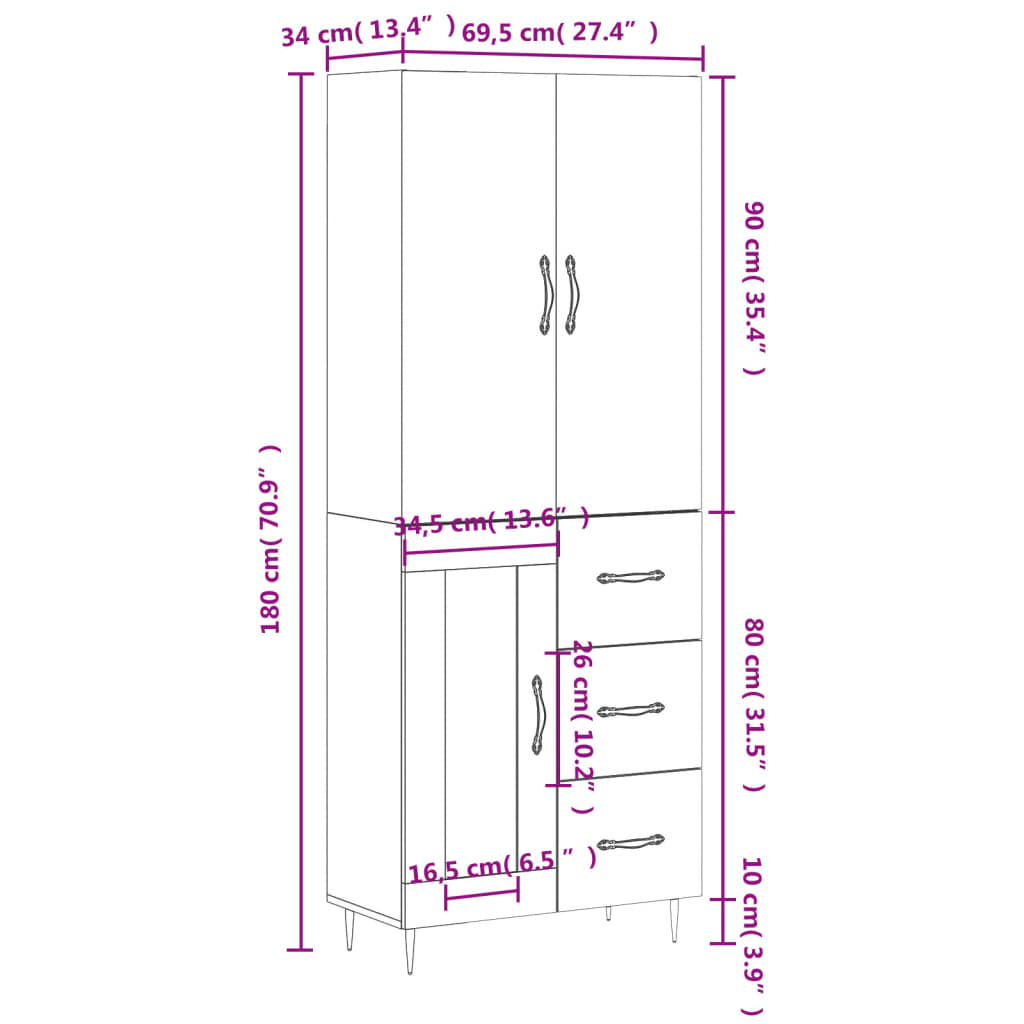 vidaXL Högskåp vit 69,5x34x180 cm konstruerat trä