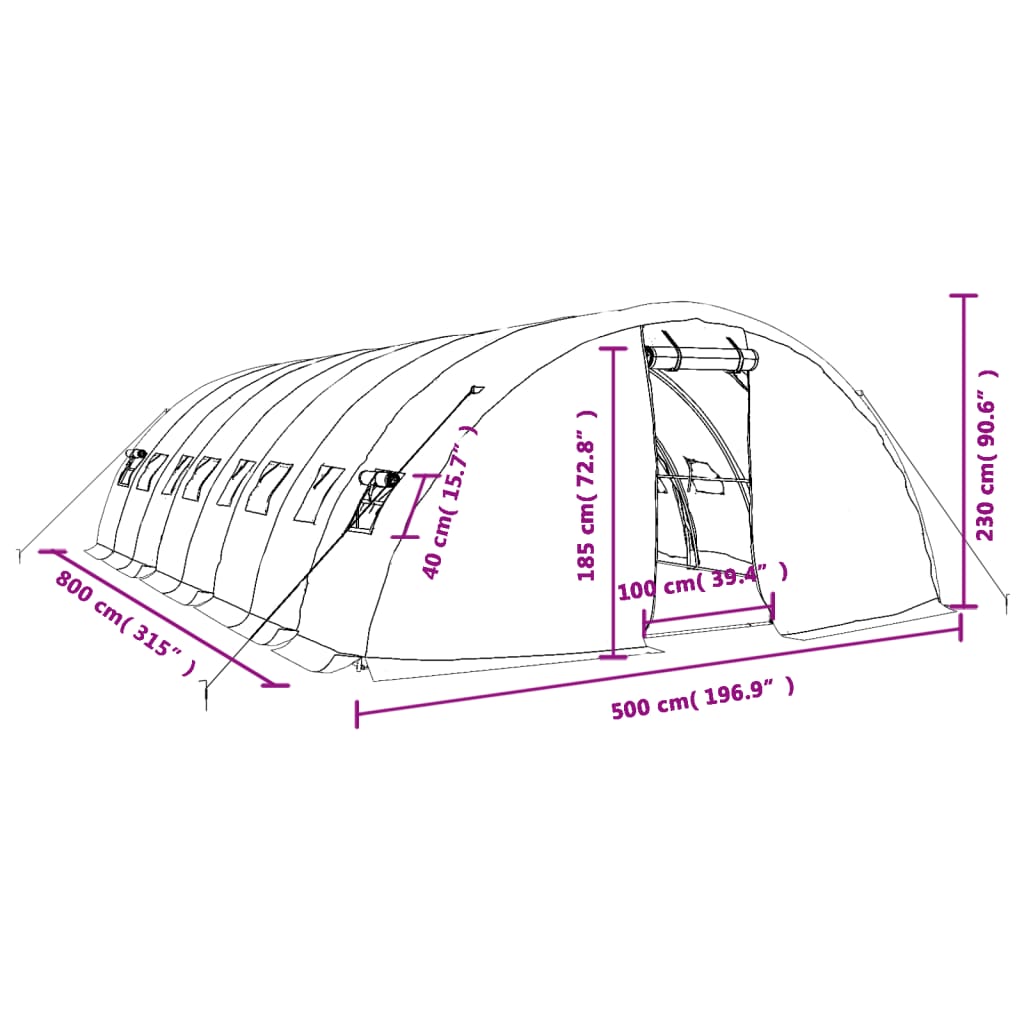 vidaXL Växthus med stålram grön 40 m² 8x5x2,3 m