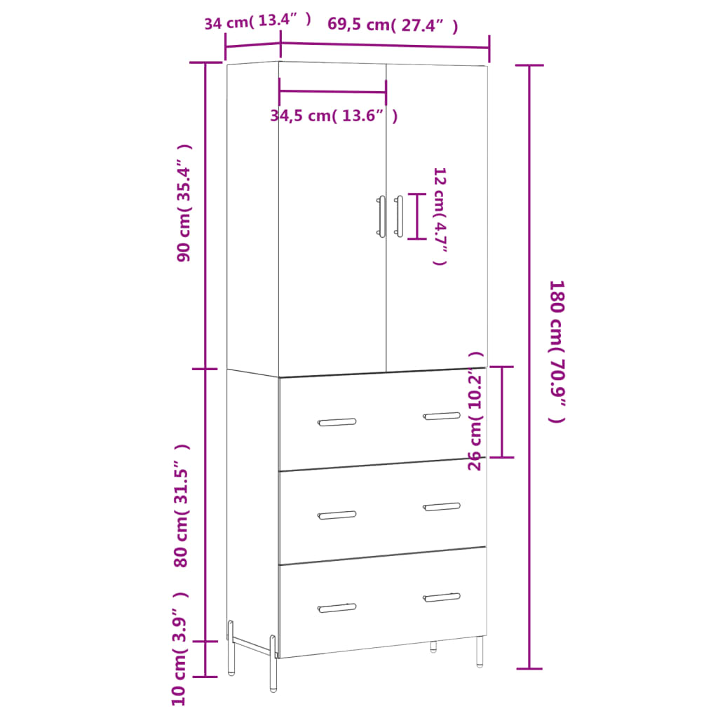 vidaXL Högskåp högglans vit 69,5x34x180 cm konstruerat trä